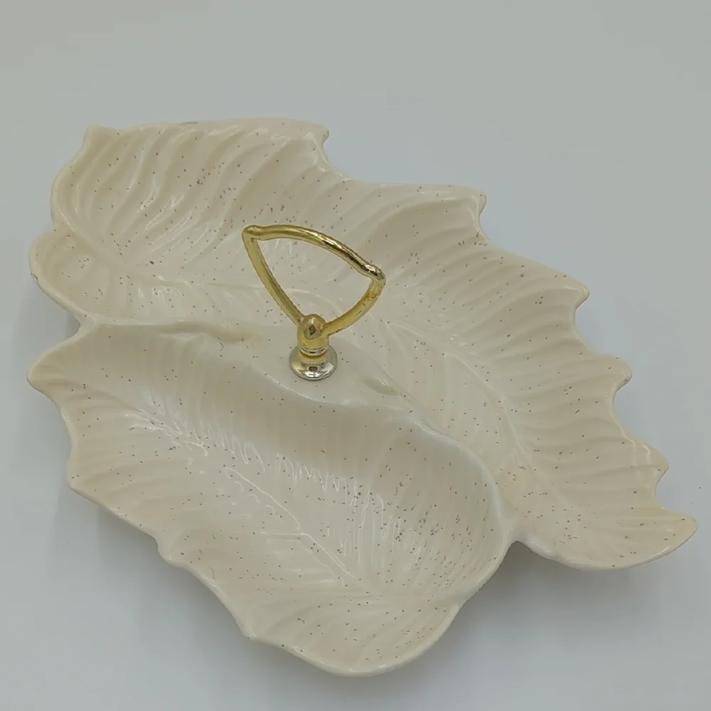 Vintage California Pottery Tidbit Serving Dish Cream with Gold Handle MCM
